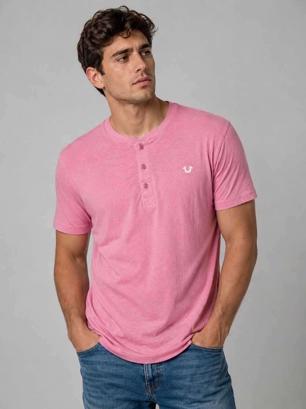 True Religion Pink Short-Sleeve Henley Shirt